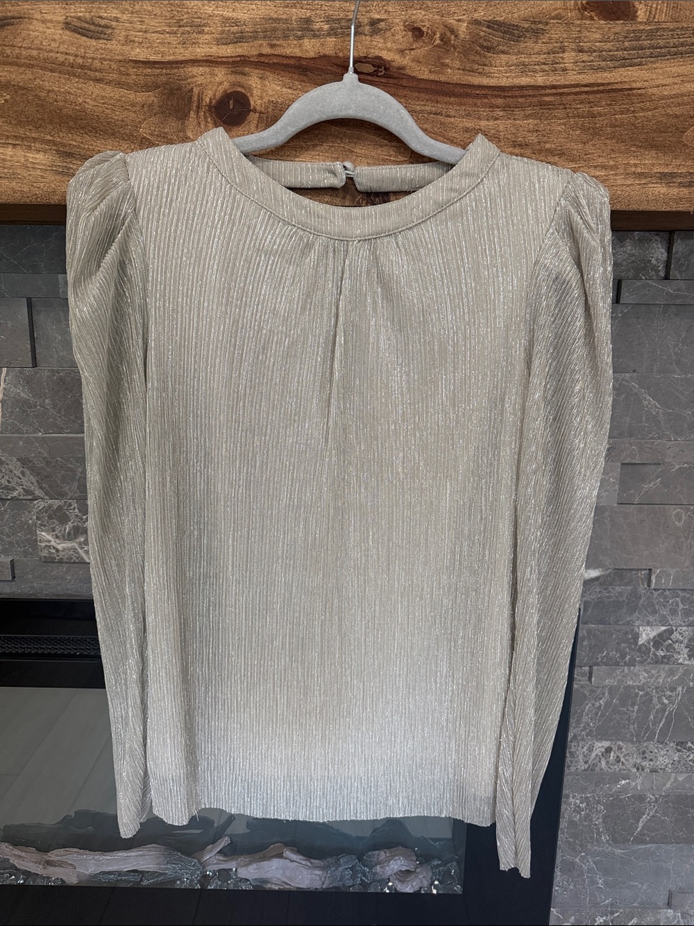 CeCe Metallic Ivory Long-Sleeve Pleated Blouse